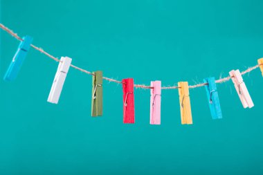 Çiçekler clothesline üzerinde sabitlenmiş. Minimalizm arka plan. Mavi, turuncu, gri arka plan. Yüksek çözünürlüklü fotoğraf.