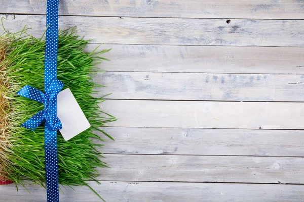 닦 았된 하얀 나무 패널에 잔디에 블루 장식 라인. 선물 또는 축 하 cocept입니다. 평면 배치. — 스톡 사진