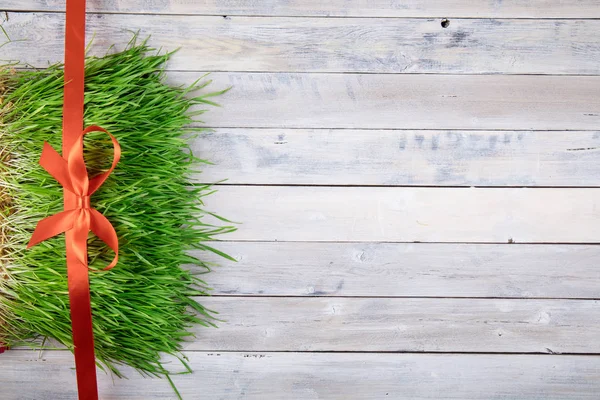 ブラシをかけられた白い木のパネルに芝生の上の弓の赤い装飾線です。プレゼントやお祝いの計画。フラット レイアウト. — ストック写真