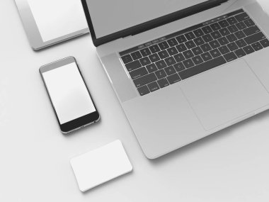 Tek boşluk işareti gri bir arka plan üzerinde renkli şık ofis işyeri. Sunu. Çerçeve. Boş defter ve telefon. Düz yatıyordu.