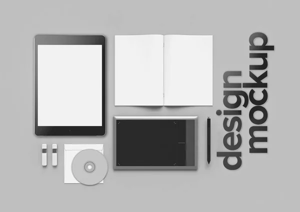 在灰色的背景与标志设计，模拟了单色的时尚办公场所。演示文稿。帧。空白的笔记本和手机。平躺. — 图库照片
