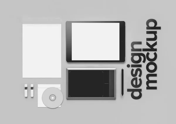 在灰色的背景与标志设计，模拟了单色的时尚办公场所。演示文稿。帧。空白的笔记本和手机。平躺. — 图库照片