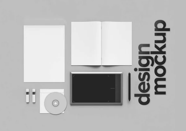 사인 디자인, 최대 모의와 회색 배경에 흑백에서 세련 된 오피스 직장. 프레젠테이션입니다. 프레임입니다. 빈 노트북 그리고 전화입니다. 평면 배치. — 스톡 사진