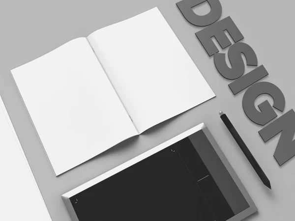 Trabalho de escritório elegante em monocromático em um fundo cinza com design de sinal, zombar. Apresentação. Moldura. Caderno e telefone em branco. Depósito plano . — Fotografia de Stock