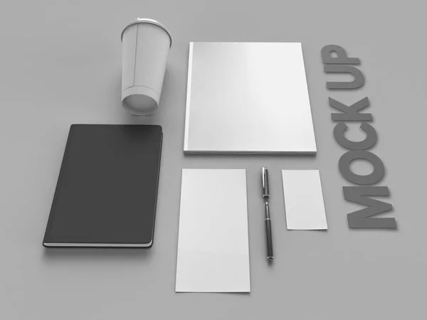 Stijlvol kantoor werkplek in zwart-wit op een grijze achtergrond met teken ontwerp, mock up. Presentatie. Frame. Lege laptop en telefoon. Plat leggen. — Stockfoto