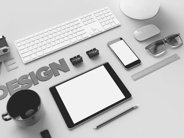 Stijlvol kantoor werkplek in zwart-wit op een grijze achtergrond met teken ontwerp, mock up. Presentatie. Frame. Lege laptop en telefoon. Plat leggen. — Stockfoto
