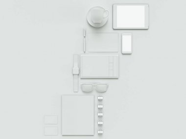 Modern ofis işyeri metalik dizüstü bilgisayar, dijital tablet, cep telefonu, kağıtları, not defteri ve diğerleri ile iş nesneleri ve öğeleri bir masanın üstüne yalan. Beyaz arka plan üzerinde izole.