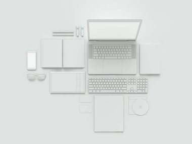 Modern ofis işyeri metalik dizüstü bilgisayar, dijital tablet, cep telefonu, kağıtları, not defteri ve diğerleri ile iş nesneleri ve öğeleri bir masanın üstüne yalan. Beyaz arka plan üzerinde izole.