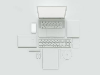 Modern ofis işyeri metalik dizüstü bilgisayar, dijital tablet, cep telefonu, kağıtları, not defteri ve diğerleri ile iş nesneleri ve öğeleri bir masanın üstüne yalan. Beyaz arka plan üzerinde izole.