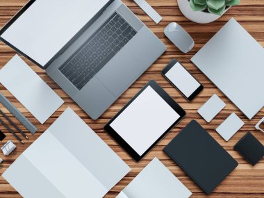 Bilgisayar, dizüstü bilgisayar, dijital tablet, cep telefonu, sanal kulaklık ve gazete ahşap tablo. Bu kavramı.