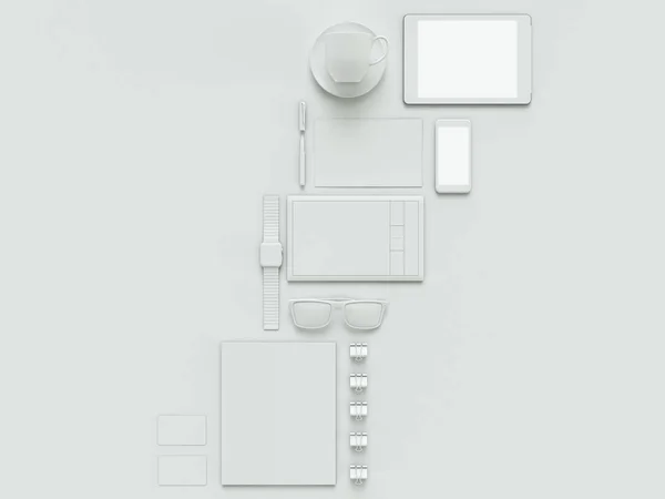 Modern irodai munkahely a fémes laptop, digitális tabletta, mobil telefon, papírok, Jegyzettömb és mások üzleti objektumok és elemek fekszik az asztalon. Elszigetelt fehér background. — Stock Fotó