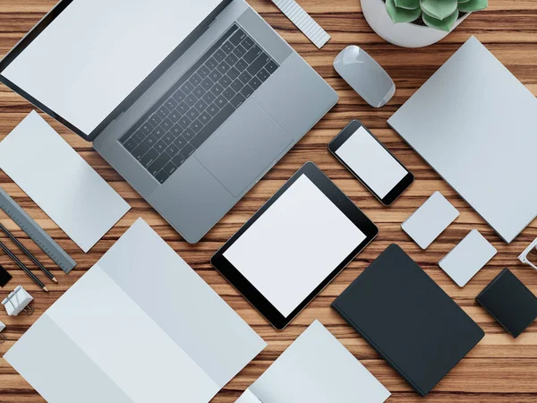 Bilgisayar, dizüstü bilgisayar, dijital tablet, cep telefonu, sanal kulaklık ve gazete ahşap tablo. Bu kavramı.