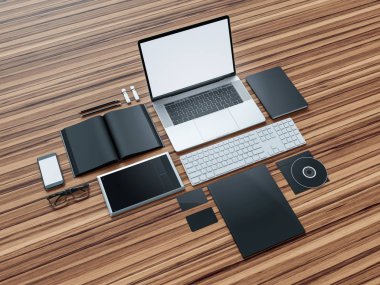 Bilgisayar, dizüstü bilgisayar, dijital tablet, cep telefonu, sanal kulaklık ve gazete ahşap tablo. Bu kavramı.