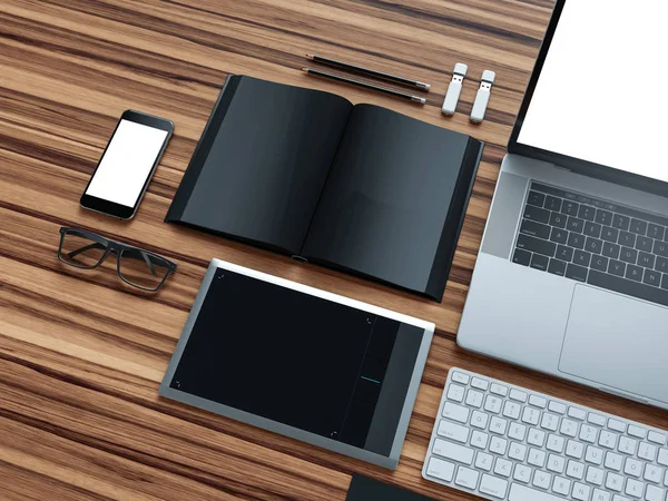 Computer, laptop, digital tablet, mobile phone, virtual headset and newspaper on wooden table. IT concept. — Stock Photo, Image