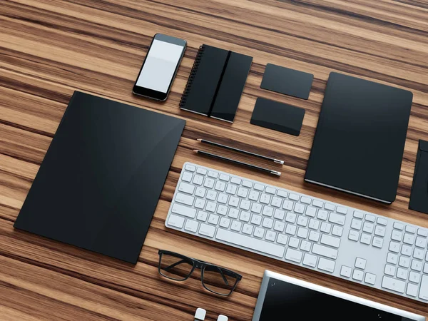 Computer, Laptop, digitales Tablet, Handy, virtuelles Headset und Zeitung auf Holztisch. it-Konzept. — Stockfoto