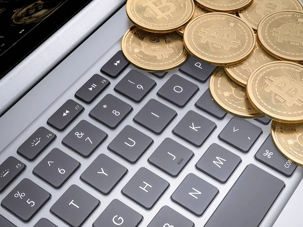 Bitcoins üzerinde altın laptop. 3D render. Kripto Döviz Ticaret kavramı