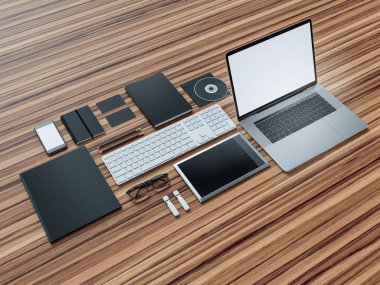 Bilgisayar, dizüstü bilgisayar, dijital tablet, cep telefonu, sanal kulaklık ve gazete ahşap tablo. Bu kavramı.