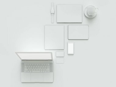 Bilgisayar, dizüstü bilgisayar, dijital tablet, cep telefonu, sanal kulaklık ve beyaz arka plan üzerinde gazete. Bu kavramları .