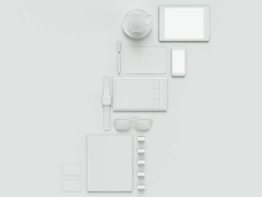 Bilgisayar, dizüstü bilgisayar, dijital tablet, cep telefonu, sanal kulaklık ve beyaz arka plan üzerinde gazete. Bu kavramları .