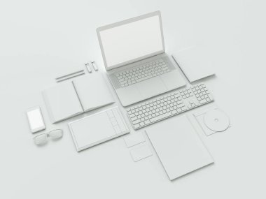 Bilgisayar, dizüstü bilgisayar, dijital tablet, cep telefonu, sanal kulaklık ve beyaz arka plan üzerinde gazete. Bu kavramları .