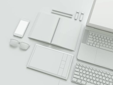 Bilgisayar, dizüstü bilgisayar, dijital tablet, cep telefonu, sanal kulaklık ve beyaz arka plan üzerinde gazete. Bu kavramları .