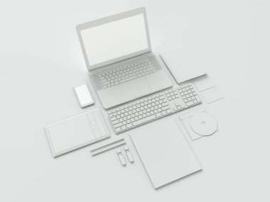 Bilgisayar, dizüstü bilgisayar, dijital tablet, cep telefonu, sanal kulaklık ve beyaz arka plan üzerinde gazete. Bu kavramları .
