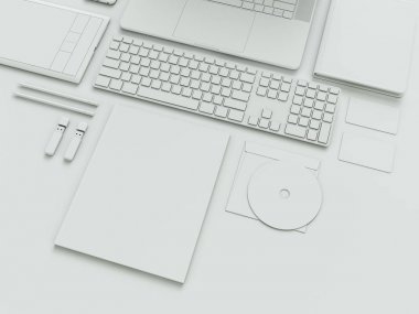 Bilgisayar, dizüstü bilgisayar, dijital tablet, cep telefonu, sanal kulaklık ve beyaz arka plan üzerinde gazete. Bu kavramları .