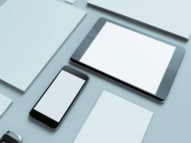 Bilgisayar, dizüstü bilgisayar, dijital tablet, cep telefonu, sanal kulaklık ve gazete gri arka plan üzerinde. Bu kavramları .