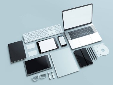 Bilgisayar, dizüstü bilgisayar, dijital tablet, cep telefonu, sanal kulaklık ve gazete gri arka plan üzerinde. Bu kavramları .