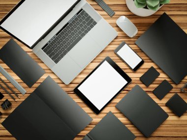 Bilgisayar, dizüstü bilgisayar, dijital tablet, cep telefonu, sanal kulaklık ve gazete ahşap tablo. Bu kavramı.
