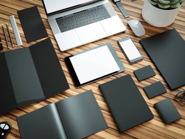 Bilgisayar, dizüstü bilgisayar, dijital tablet, cep telefonu, sanal kulaklık ve gazete ahşap tablo. Bu kavramı.