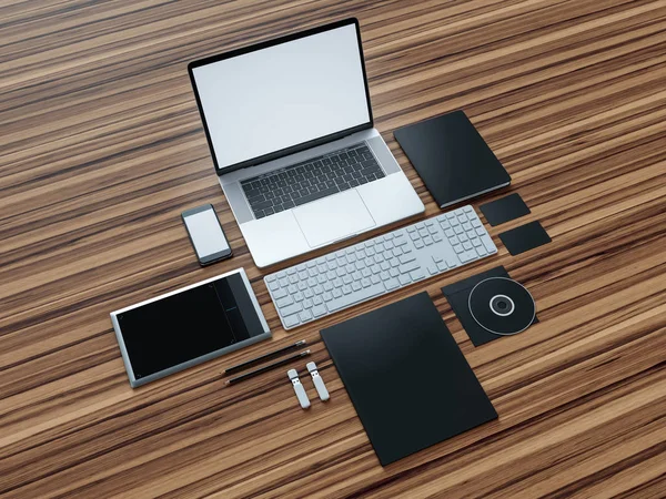 Computer, laptop, tablet digitale, cellulare, auricolare virtuale e giornale su tavolo di legno. Concetto IT . — Foto Stock
