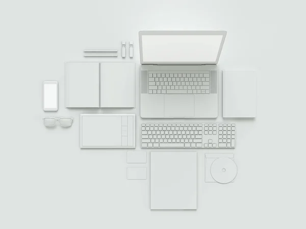 Computador, laptop, tablet digital, telefone celular, fone de ouvido virtual e jornal em fundo branco. Conceitos informáticos  . — Fotografia de Stock