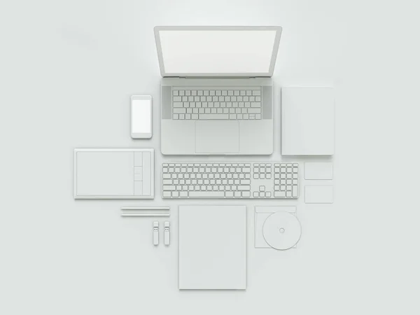 Computer, laptop, tablet digitale, cellulare, auricolare virtuale e giornale su sfondo bianco. Concetti IT  . — Foto Stock