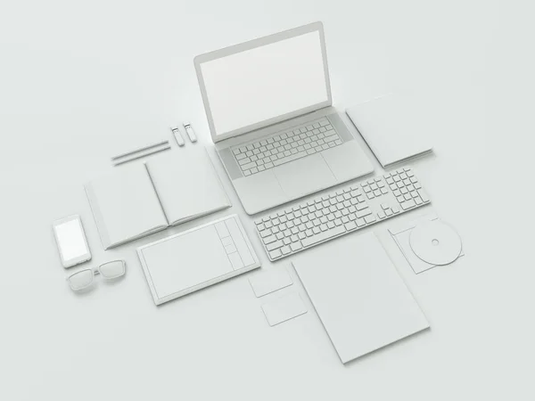 Computer, laptop, digitale tablet, mobiele telefoon, virtuele headset en krant op witte achtergrond. Het concepten . — Stockfoto