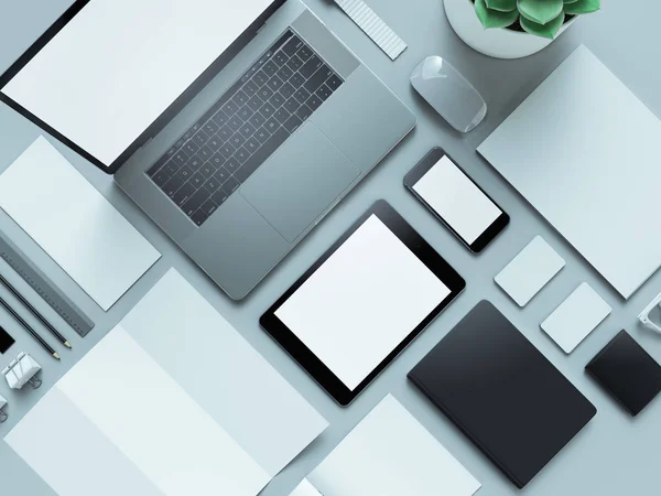 Computer, laptop, digitale tablet, mobiele telefoon, virtuele headset en krant op grijze achtergrond. Het concepten . — Stockfoto