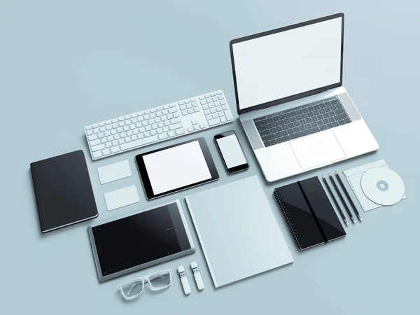 Computer, laptop, tablet digitale, cellulare, auricolare virtuale e giornale su sfondo grigio. Concetti IT  . — Foto Stock