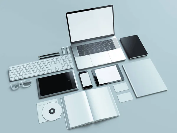 Computer, laptop, tablet digitale, cellulare, auricolare virtuale e giornale su sfondo grigio. Concetti IT  . — Foto Stock