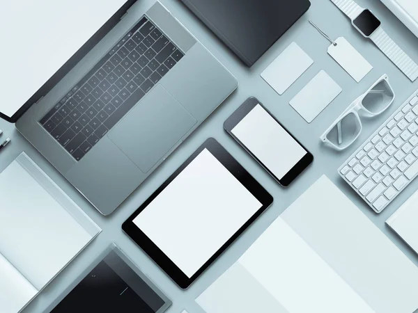 Computer, laptop, digital tablet, mobile phone, virtual headset and newspaper on grey background. IT concepts . — Stock Photo, Image