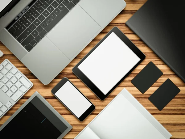 Počítač, notebook, digitální tablet, mobilní telefon, virtuální sluchátka a noviny na dřevěný stůl. Je koncept. — Stock fotografie