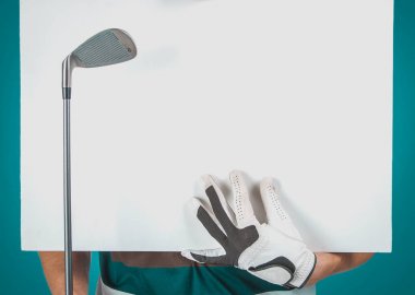 Duygusal yakışıklı golfçü oyuncu poz boş beyaz boş bırakıldığında 