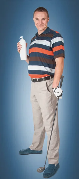 Emotional handsome golfer player pose in studio on blue and gree — Stock Photo, Image