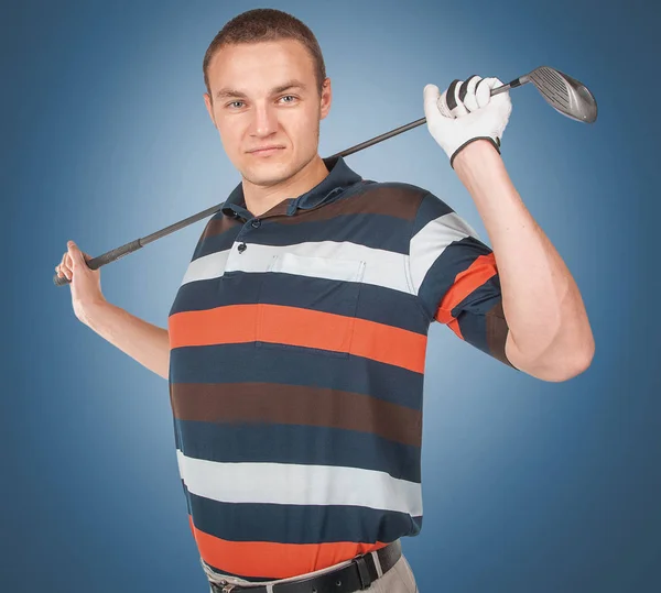 Emocional bonito jogador de golfe posar em estúdio em azul e gree — Fotografia de Stock