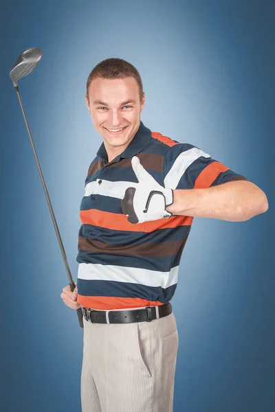 Emocional jugador de golf guapo posar en el estudio en azul y gree — Foto de Stock