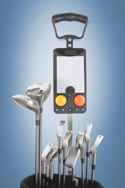 Yeşil ve mavi arka plan üzerinde Studio profesyonel golf ekipmanları