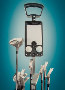 Yeşil ve mavi arka plan üzerinde Studio profesyonel golf ekipmanları