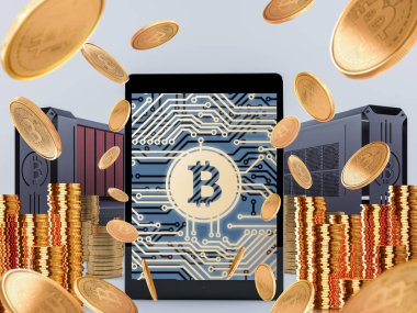 Bitcoin Maliye. Altın bitcoins havaya fırlattı, yakın çekim