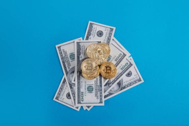 Bir Doları arka plan adam üzerinde Mikri şemalar ile altın bitcoin