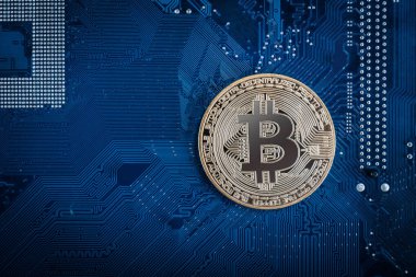 Altın bitcoin Mikri şemalar üzerinde mavi bir arka plan ile. Concep