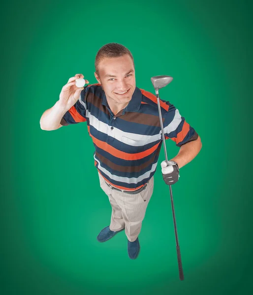 Emocional bonito jogador de golfe posar em estúdio em azul e gree — Fotografia de Stock